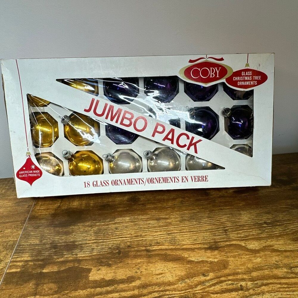 Vintage Jumbo Pack‎ (18) COBY GLASS CHRISTMAS ORNAMENTS Purple Gold Silver